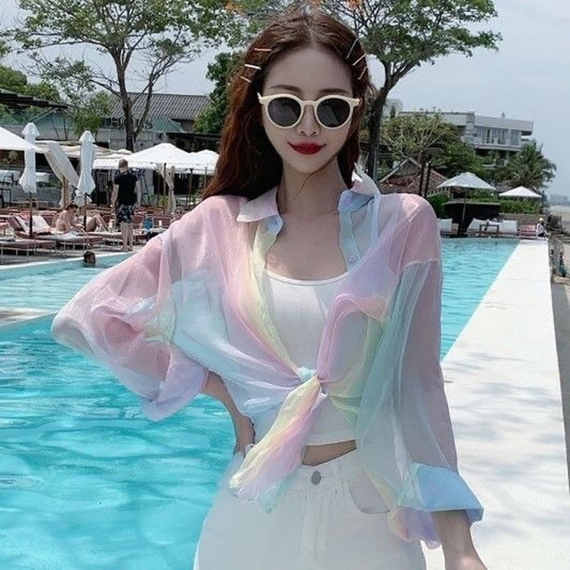 Summer Transparent Blouse Y2k Korean Fashion Beach Shirt Girls Aesthetic Long Sleeve Cardigan Rainbow Womens Sheer Top