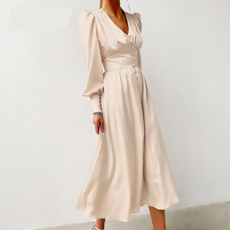 Lizakosht Elegant spring satin bishop sleeve a-line dress women V-neck high waist button dress solid Vintage long dresses chic