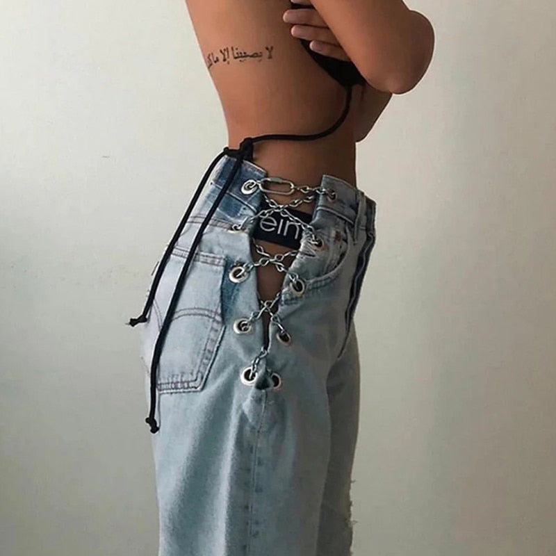 Lizakosht Sexy Woman Jeans Hollow Out Wide-leg Jeans Women Buttons Side Cross Chain High Waist Denim Pants Sexy Spring New Korea Pant