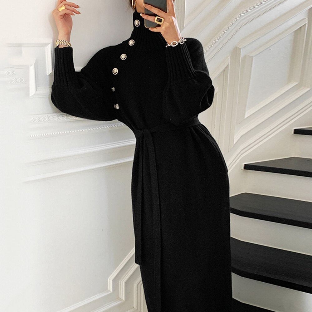 Korean Autumn Winter Retro Button Two-wear Sweater Dress Waist Knitted Dress Women Solid Color Fashion Turtleneck Long Sleeve