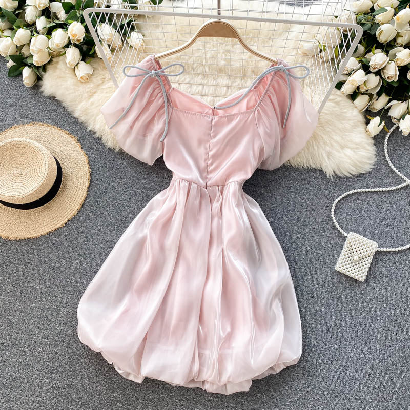 Summer Korean Fashion Elegant Party Fairy Dress Women Japanese Kawaii Sweet Bow Lace-up Mini Dress Puff Sleeve Casual Robe Femme