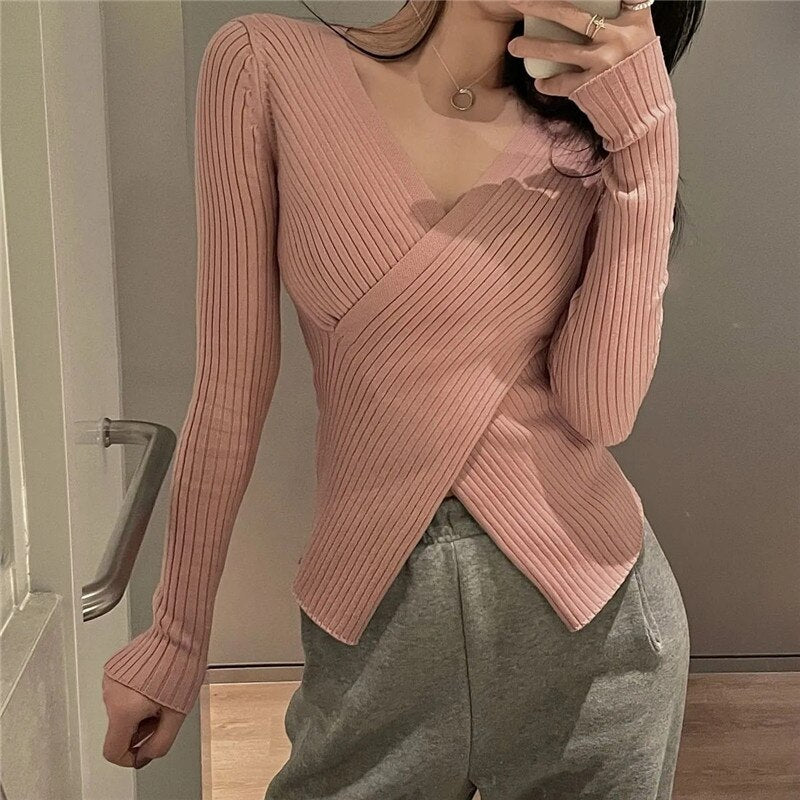 Bella 2022 new Sexy V-neck Slim Women Knit Sweater Y2k V-neck Bottoming Long Sleeve Lady Blouse All-match Autumn Pullover Tops