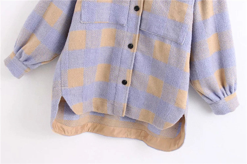 Ladies Vintage Pocket Overshirts Oversized Plaid Jacket Women Coat Long Sleeve Loose Woolen Jacket Female Outerwear Chic Tops