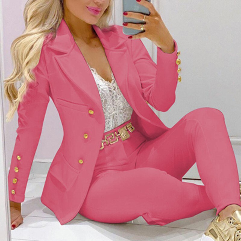 Fashion Women Commute Solid Color Outfits Elegant Chic Single-breasted Jackets And High Waist Long Pants Sets Lady 2PC Sets