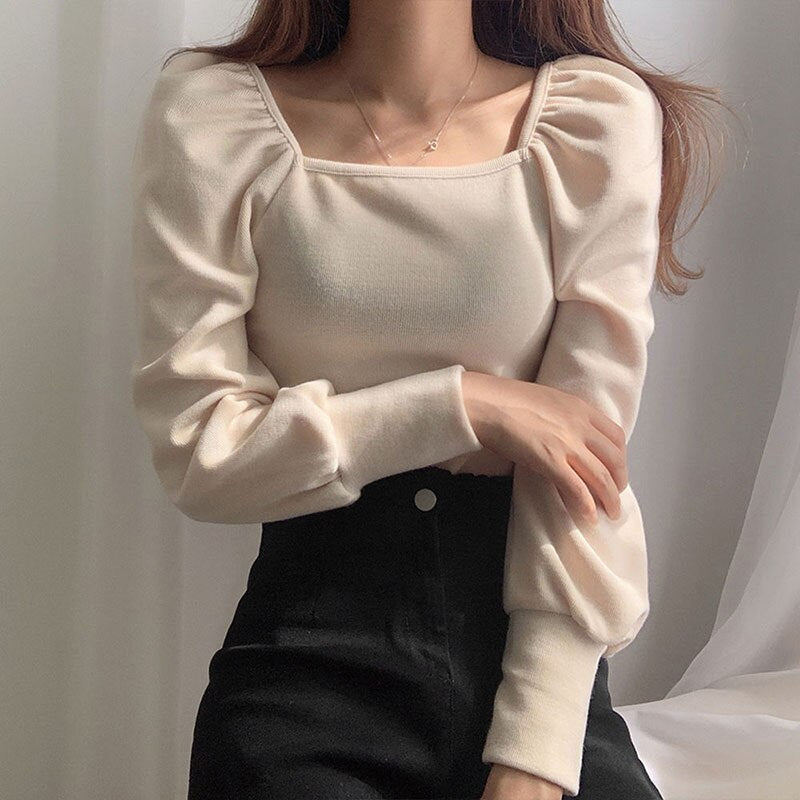 PERHAPS U Women Apricot Black Pullover Square Collar Knitted T-shirt Puff Long Sleeve Top B0715