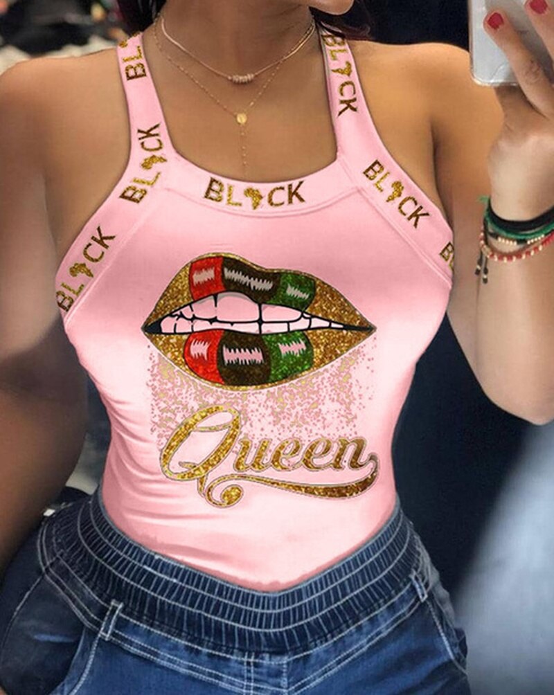 Summer Ladies Harajuku Shirts Slim Fit Polyester Sleeveless Top Tshirts Tank Tops Women U Neck Letter Print Lips Vest