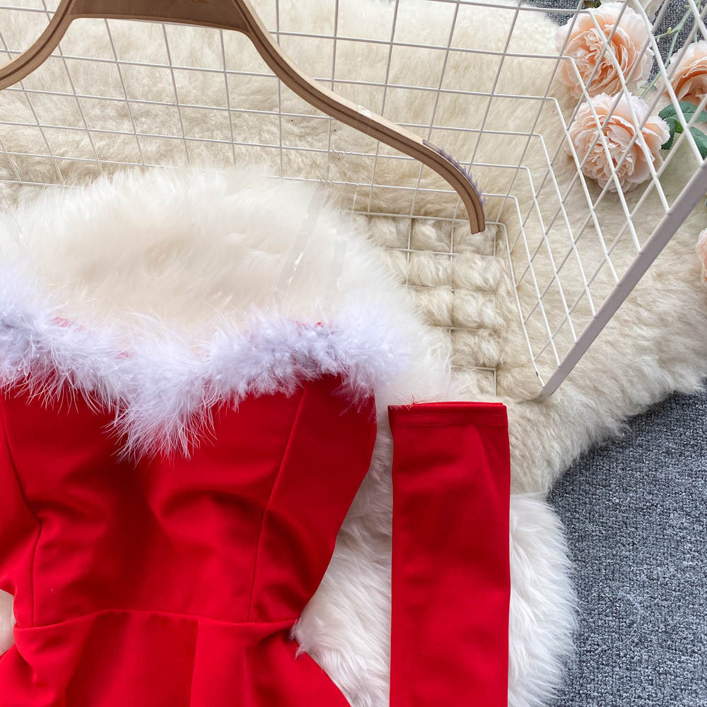 Women Elegant Dress For New Year 2022 Strapless Backless Furry Sexy Short Mini Christmas Dress Navidad Red Party Dress Femme