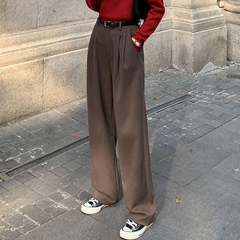 Lizakosht Retro Straight Wide Leg Brown Pants Vintage Female Spring New Korean Fashion High Waist Casual Long Coffee Pants White Trousers