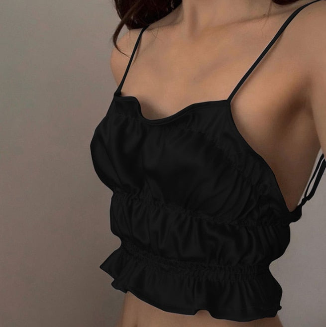 Summer Women Sexy Sling Straps Camisoles Ruffles Ruffle Satin Streetwear Strapless Vest Crop Tops Solid Slim Backless Club Camis