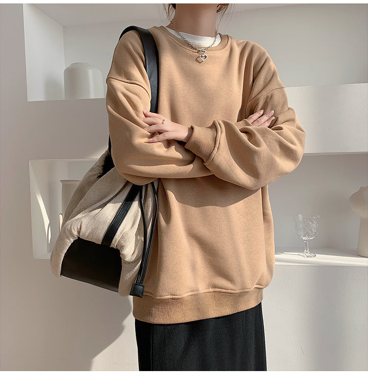 Spring Fleece Thick Sweatshirt Vintage Solid Warm O Neck Pullover Grey Brown Lady New All-match Hooded Autumn Women Coat