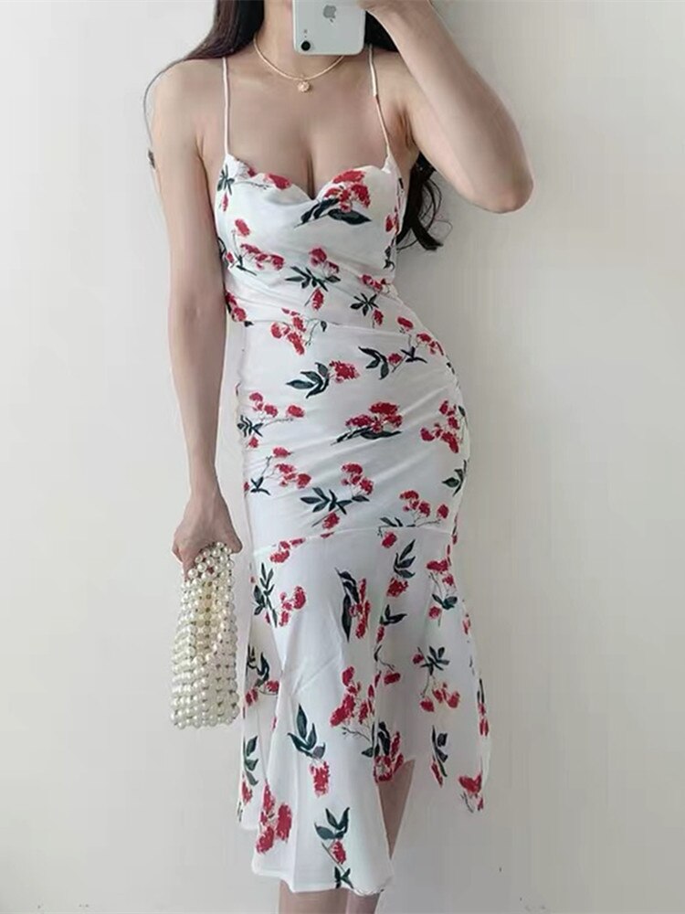 Summer Floral Dress 2022 Sexy Cutout Cut Out White Flounced Edge Off The Shoulder Backless Dress Prom Midi Strap Ladies Dresses