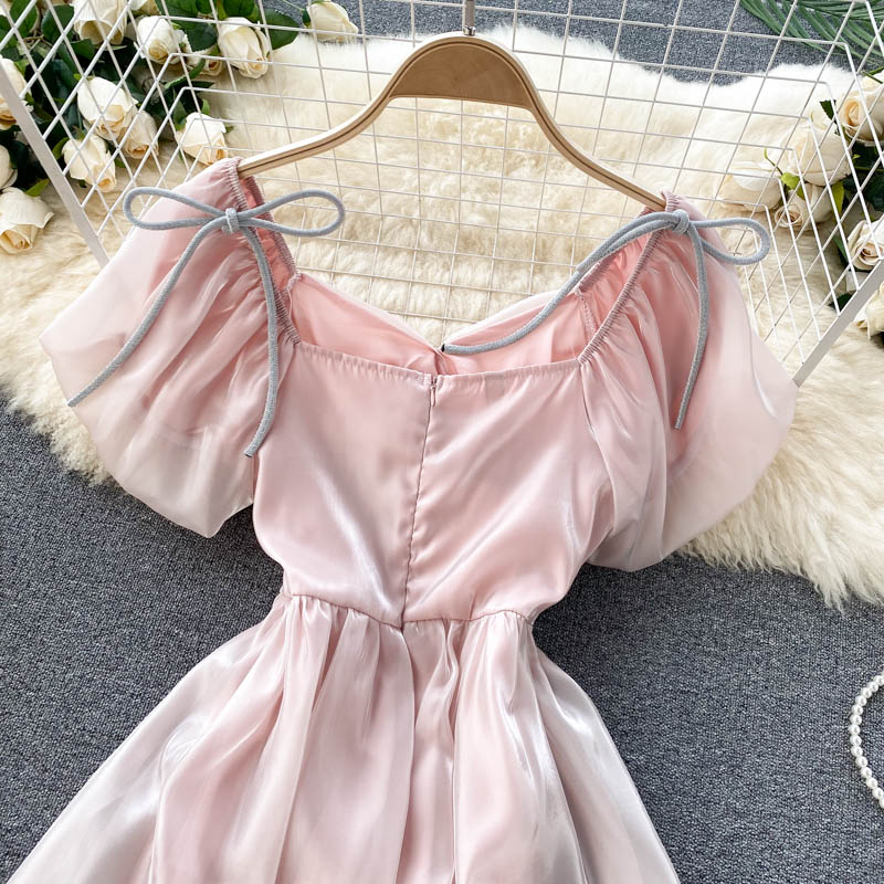 Summer Korean Fashion Elegant Party Fairy Dress Women Japanese Kawaii Sweet Bow Lace-up Mini Dress Puff Sleeve Casual Robe Femme