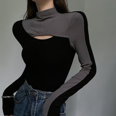 T-shirt Women's Half-high Neck Stitching Contrast Color Tight-fitting Long-sleeved Bottoming Shirt Autumn and Winter Slim Design