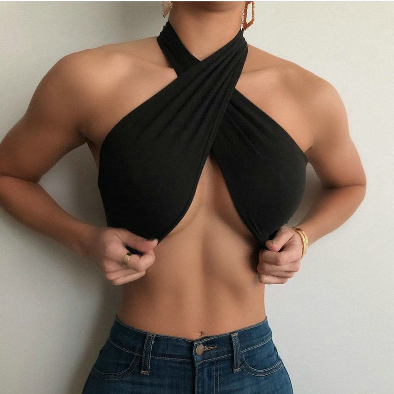 Solid Color Bandage Wrap Crop Top Women Cross Over Front Cut Out Halter Neck Sleeveless Backless Fashion Sexy DIY Tank Vest