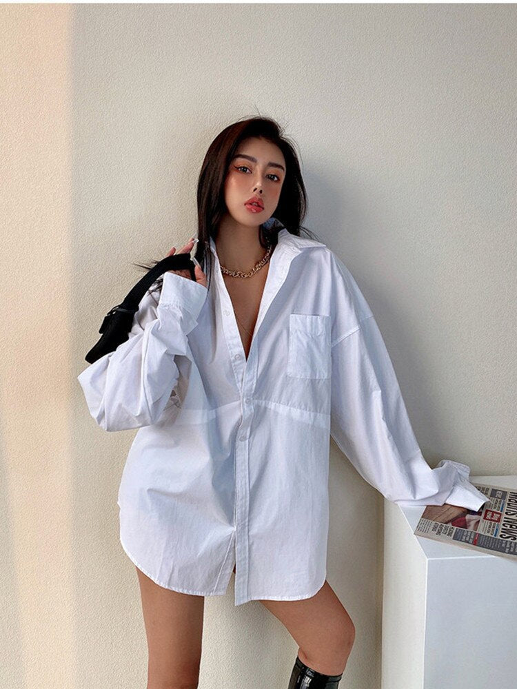 Casual White Blouse Women Long Sleeve Fashion Collar Sexy Boyfriend Style Oversized Shirt Female Pocket Female Autumn Ladies Top