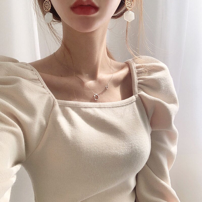 PERHAPS U Women Apricot Black Pullover Square Collar Knitted T-shirt Puff Long Sleeve Top B0715