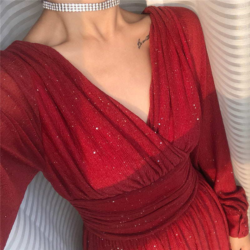 Lizakosht  Vintage Glitter Long Maxi Dress Women Spring High Waist Long Sleeve Elegant Boho Dress Shiny Party Dress Plus Size Sexy A872