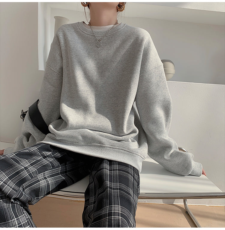 Spring Fleece Thick Sweatshirt Vintage Solid Warm O Neck Pullover Grey Brown Lady New All-match Hooded Autumn Women Coat