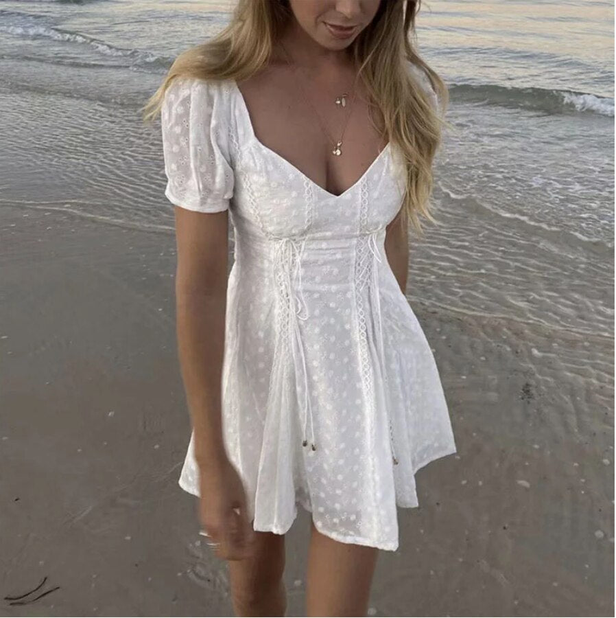 White Floral Sexy Dress Women Lace-up Details Cotton Embroidery Mini Summer Dress V-neck Supper Chic Ladies Dress