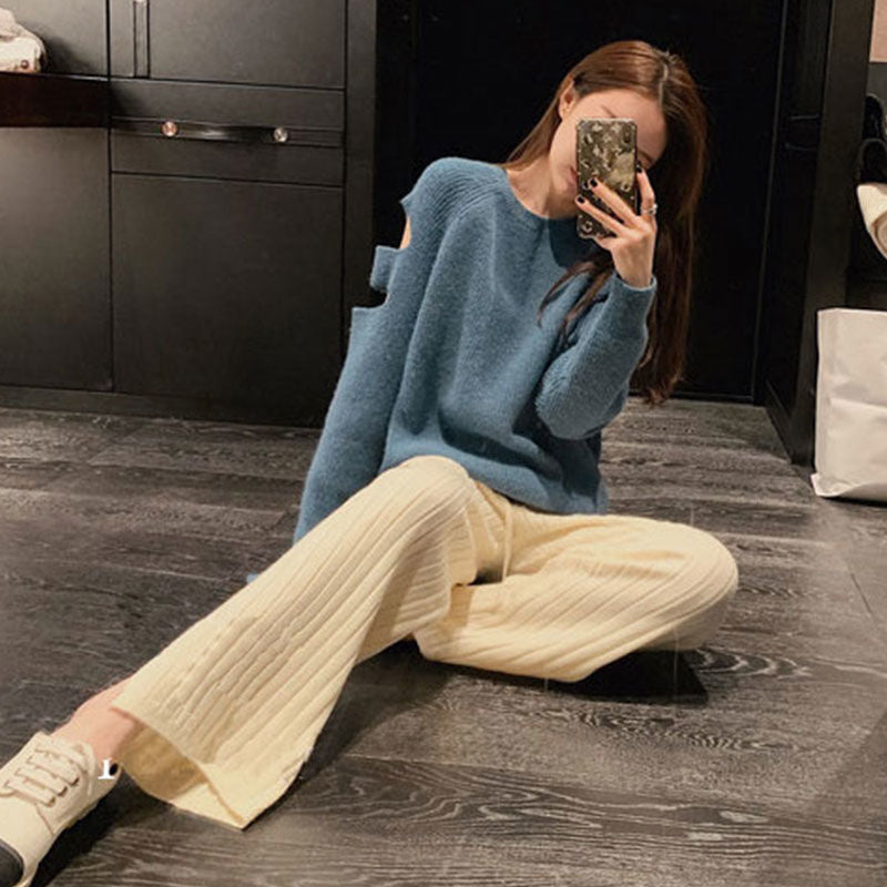 Lizakosht Solid Knitted Pants Women Winter Warm Long High Elastic Waist Pants Female Korean Chic Retro Streetwear Split Trousers