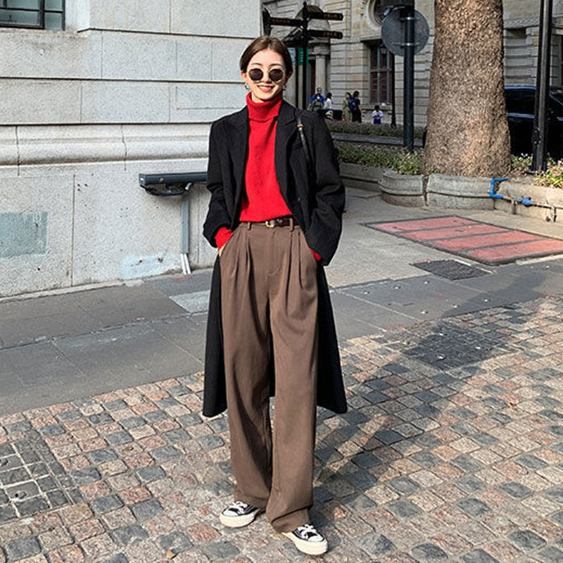 Lizakosht Retro Straight Wide Leg Brown Pants Vintage Female Spring New Korean Fashion High Waist Casual Long Coffee Pants White Trousers