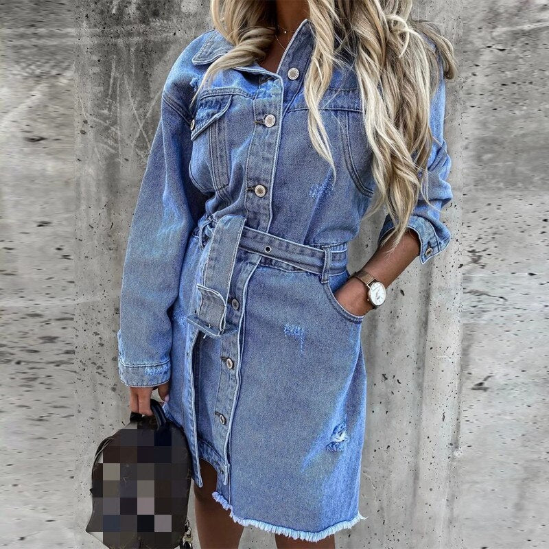 Lizakosht Vintage Washed Denim Belt Dress Rivet Long Sleeve Turn-Down Collar Button Party Dress Fashion Streetwear Autumn Winter