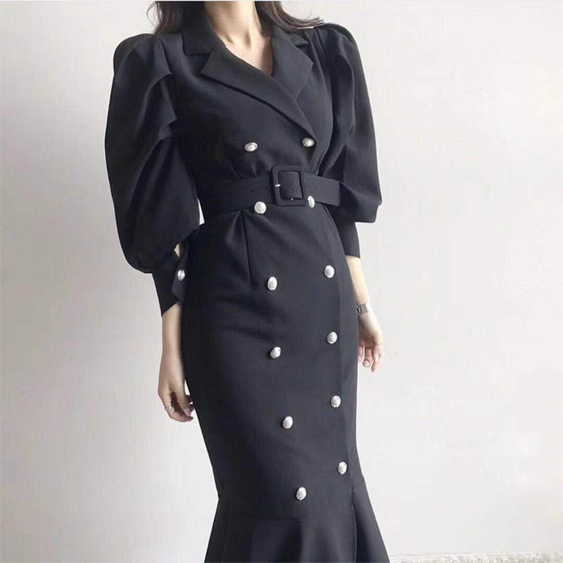 Pinkou Women Chic Mermaid Dress Bow Tie Belt Trumpet Shape Long Sleeve Double Breasted Ins Hot Female Midi Dresses QA35