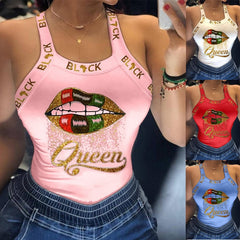 Summer Ladies Harajuku Shirts Slim Fit Polyester Sleeveless Top Tshirts Tank Tops Women U Neck Letter Print Lips Vest