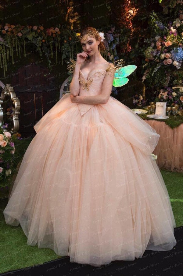 Off Shoulder Tulle Ball Gown Dress Layered Princess Dress Butterfly Evening Dresses Crystals Dress Fairy Dress Long Prom Dress