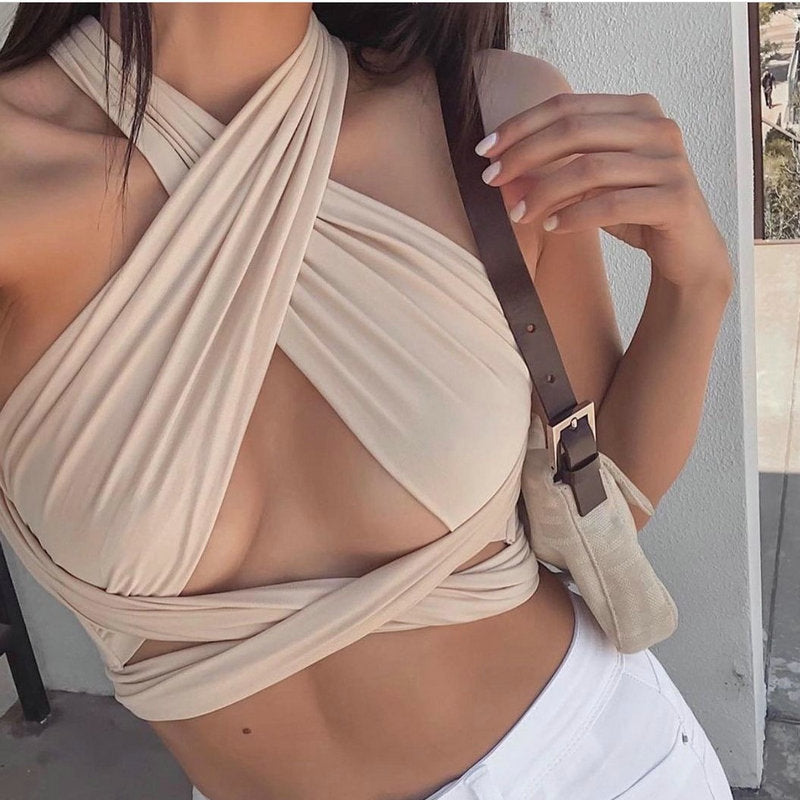 Solid Color Bandage Wrap Crop Top Women Cross Over Front Cut Out Halter Neck Sleeveless Backless Fashion Sexy DIY Tank Vest