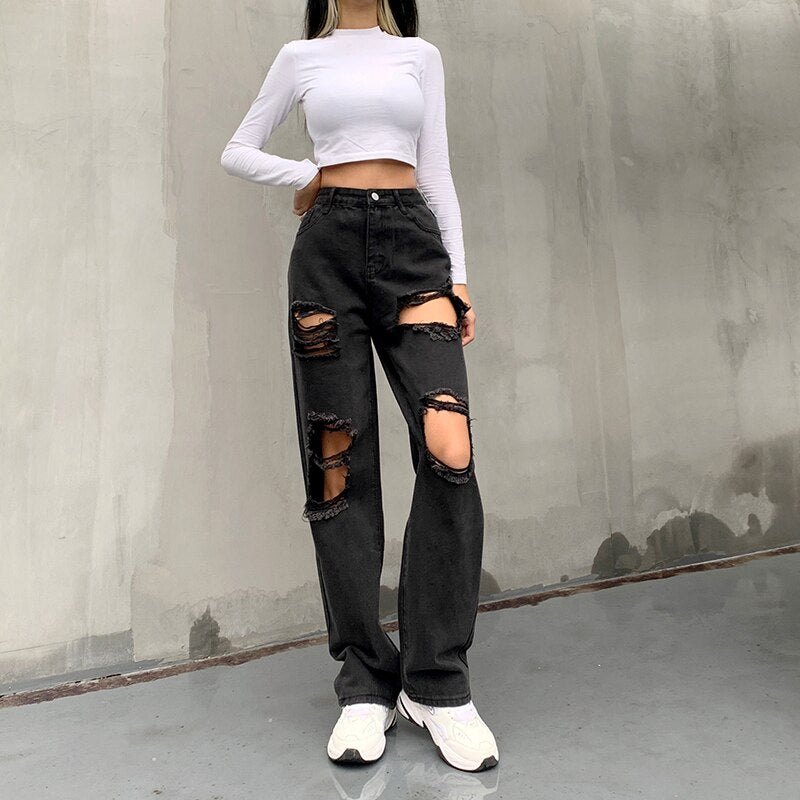 Cool Black Ripped Jeans Mid-Waisted Trousers Wide Leg Pants Pockets Casual Punk Streetwear Female 2022 Korean Style Lady