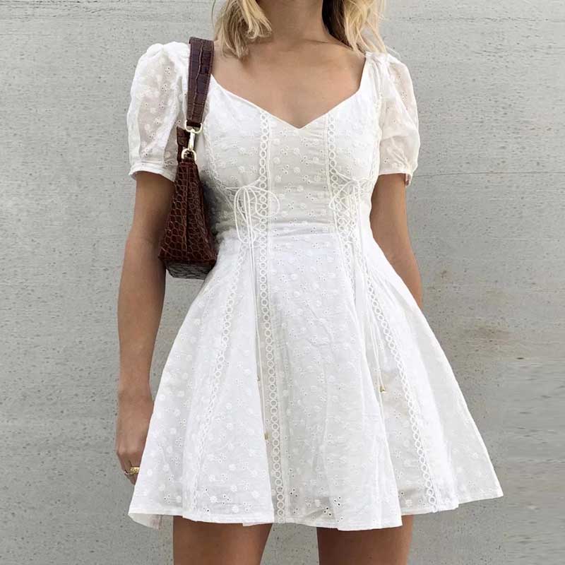 White Floral Sexy Dress Women Lace-up Details Cotton Embroidery Mini Summer Dress V-neck Supper Chic Ladies Dress