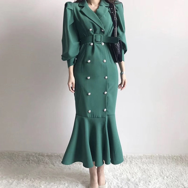 Pinkou Women Chic Mermaid Dress Bow Tie Belt Trumpet Shape Long Sleeve Double Breasted Ins Hot Female Midi Dresses QA35