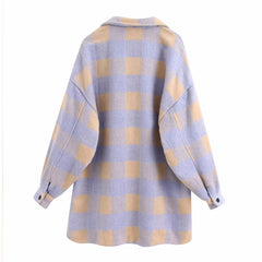 Ladies Vintage Pocket Overshirts Oversized Plaid Jacket Women Coat Long Sleeve Loose Woolen Jacket Female Outerwear Chic Tops