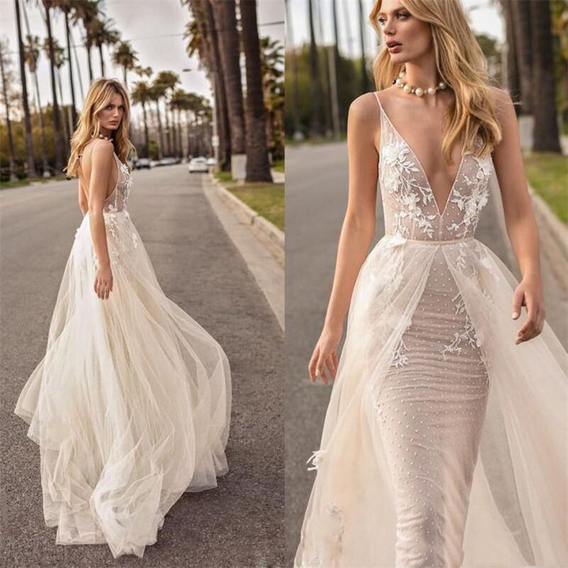 LIZAKOSHT  -  Mermaid Wedding Dresses Cheap Backless V neck Lace Bridal Dress Boho Plus Size Beach Country Wedding Gowns Detachable Tail