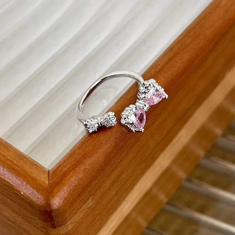Lizakosht Korean Fashion Pink Bowknot Zircon Opening Ring For Women Luxury Sweet Index Finger Knuckle Rings Party Jewelry Gifts