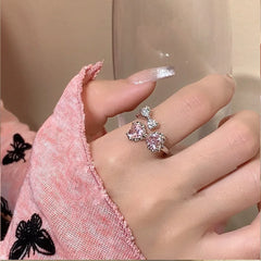 Lizakosht Korean Fashion Pink Bowknot Zircon Opening Ring For Women Luxury Sweet Index Finger Knuckle Rings Party Jewelry Gifts