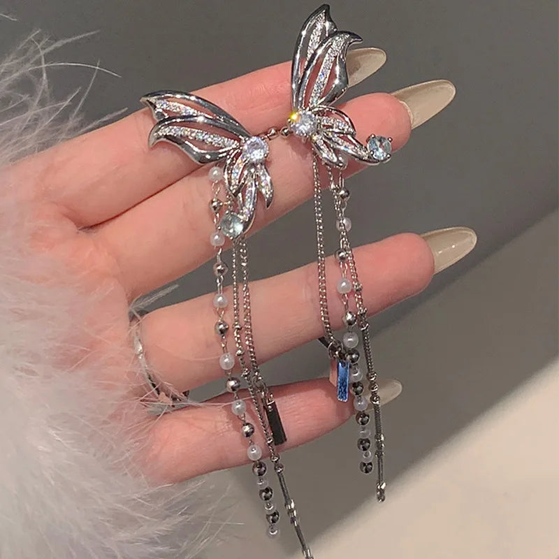 Lizakosht Korean Fashion Zirconia Butterfly Clips Earrings For Women Pearl Tassel Ear Bone Clip Aretes De Mujer Modernos
