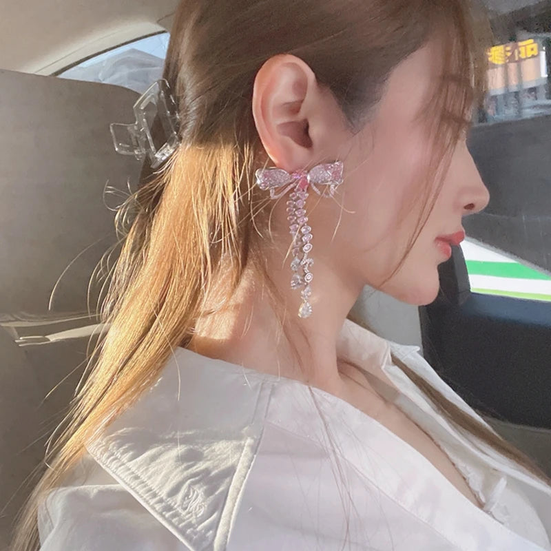 Lizakosht Korean Luxury Elegant Pink Cystal Bowknot Drop Earrings For Women Girls Fashion Rhinestone Long Pendientes Jewelry