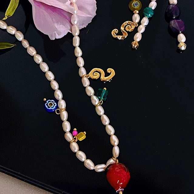 Lizakosht Korean Trendy Coloured Glaze Flower Strawberry Necklace For Women Elegant Freshwater Pearl Choker Summer Jewelry