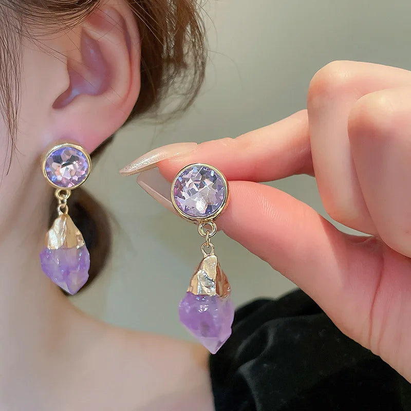 Lizakosht Retro Purple Round Crystal Irregular Stone Dangle Earrings For Women Girl Temperament Aretes De Mujer Modernos