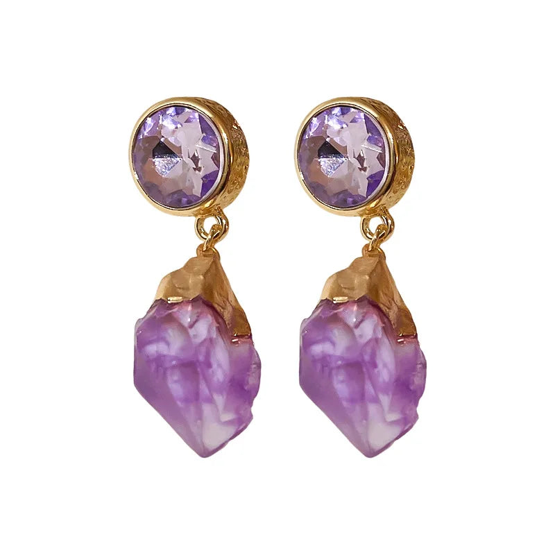 Lizakosht Retro Purple Round Crystal Irregular Stone Dangle Earrings For Women Girl Temperament Aretes De Mujer Modernos