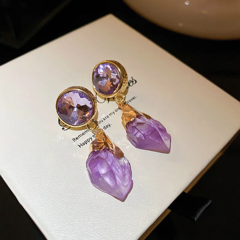 Lizakosht Retro Purple Round Crystal Irregular Stone Dangle Earrings For Women Girl Temperament Aretes De Mujer Modernos