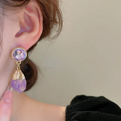 Lizakosht Retro Purple Round Crystal Irregular Stone Dangle Earrings For Women Girl Temperament Aretes De Mujer Modernos