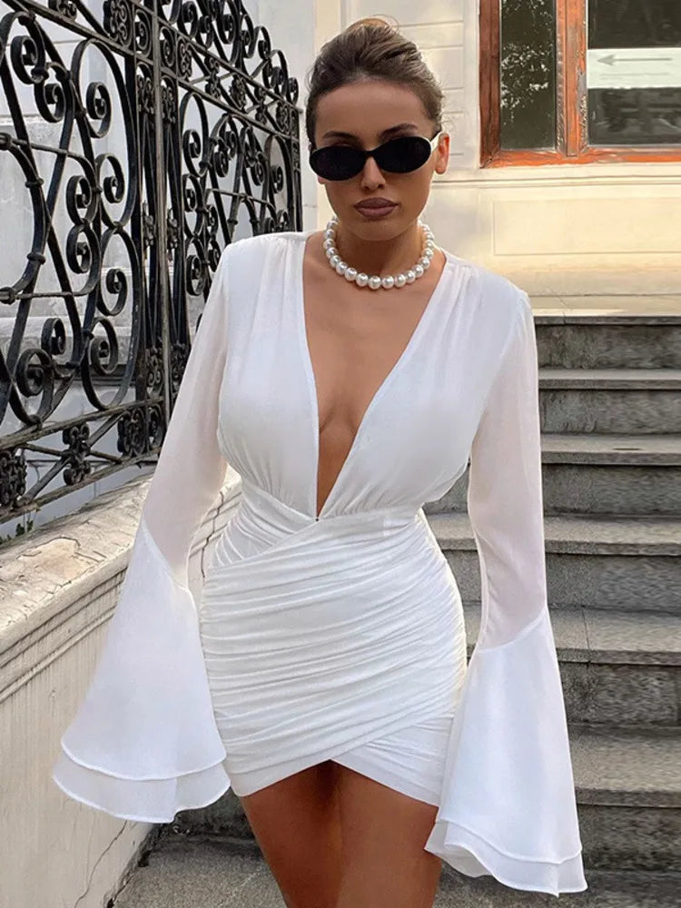 Lizakosht Elegant Deep V Neck Long Sleeve Sexy Mini Dress For Women Fashion White Ruched Bodycon Club Party Sexy Dress Vestidos