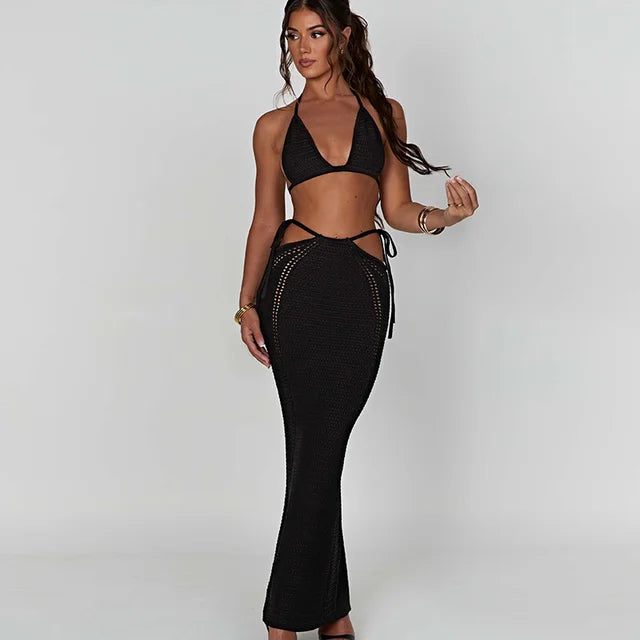 Lizakosht Hollow Out Knit Dress Set Women Lace-up Crop Top And Long Skirt Matching Sets Female Sexy Club Party Two Piece Set