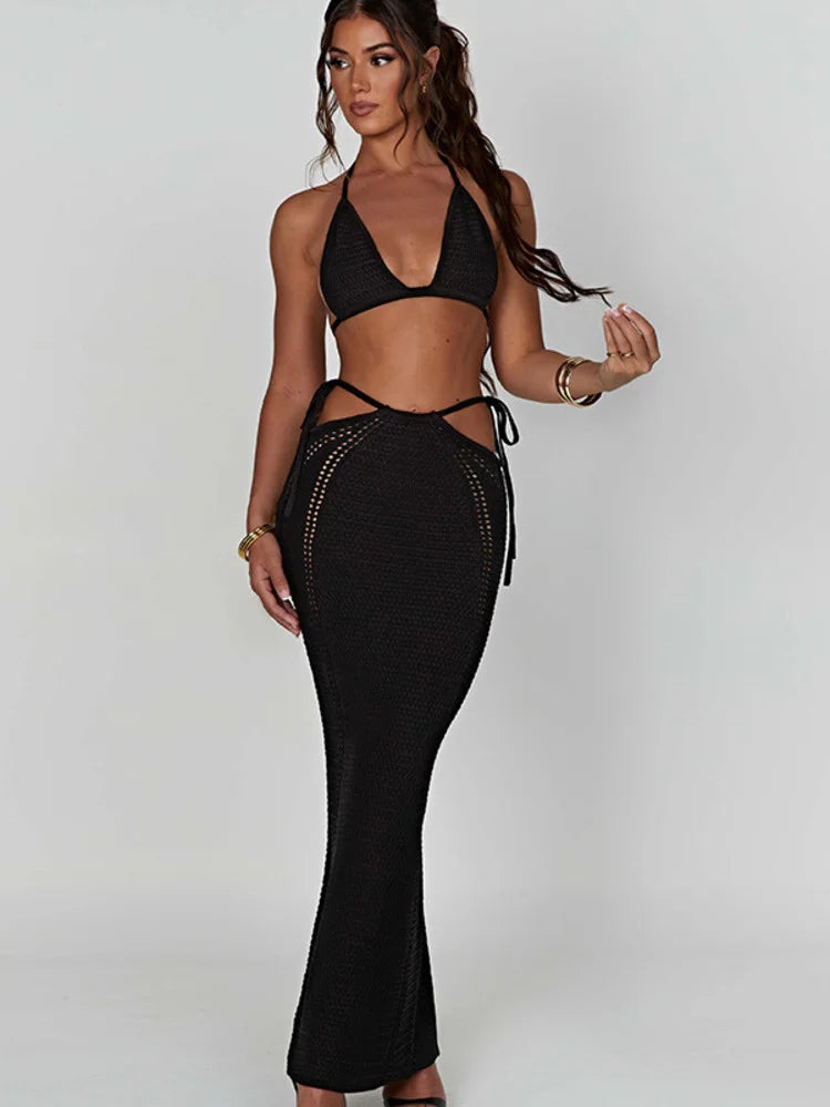 Lizakosht Hollow Out Knit Dress Set Women Lace-up Crop Top And Long Skirt Matching Sets Female Sexy Club Party Two Piece Set