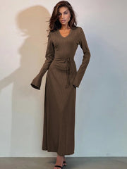 Lizakosht V Neck Lace-up Long Sleeve Maxi Dress For Women Autumn Winter New Ribbed Bodycon Fashion Elegant Long Dress