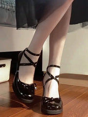 Lizakosht New Black Retro Cross-Tie Pumps Casual Summer Marry Janes Round Toe Shoes Ladies Lolita Sweet Fashion Shoes Woman Bow Design