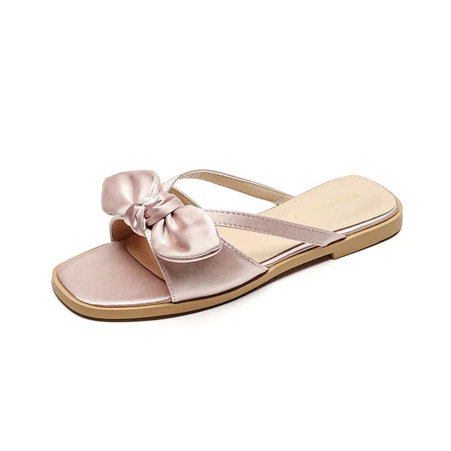 Lizakosht New Slippers Women Satin Bow Flat Bottom Fashion Silk One Word Muller Sandals Slippers Apricot Pink